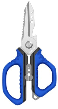Mustad Forbici da pesca da 7 in acciaio inox, 17,7 cm, multifunzione con taglierina a denti per sega, fori per legatura, apribottiglie, tagliafili, crimpatrice, squame, manico antiscivolo