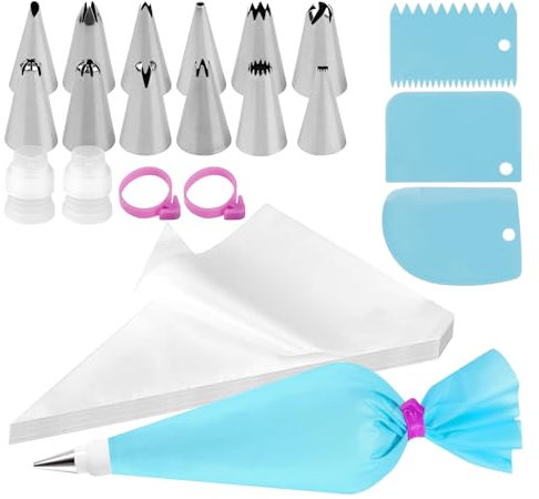BigKego 120 Piezas Boquillas Manga Pastelera Kit con 12 Boquillas de Acero Inoxidable 101 Mangas Pasteleras 3 Rascador de Masa 2 Adaptador de Acoplador 2 Bridas de Silicona