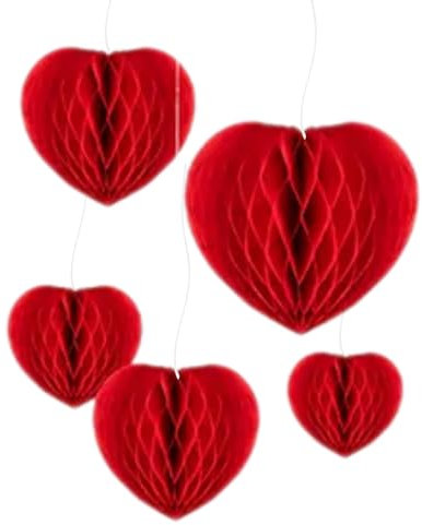 Cuore da appendere a nido d'ape, 5 pezzi, dimensioni assortite, con spago e graffette pre-attaccate, decorazioni per anniversario, decorazioni galentine