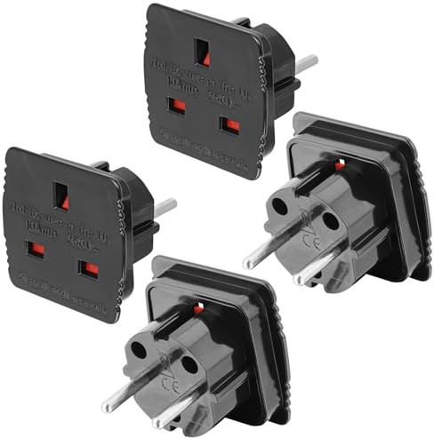Welsberg 4x Adattatori da Viaggio da UK a EU, Adattatore Presa Inglese a Spina Italiana, UK 3 Poli a EU 2 Poli, Travel Adapter Set per Europa, Spagna, Francia, Germania, nero