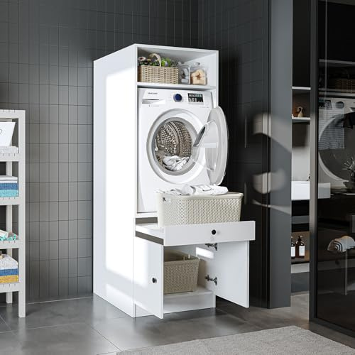 ROOMART • Armario para lavadora con tabla extraíble • Ahorra espacio • Práctico • Ideal para la sala de lavandería (Blanco, 1 armario - (184 cm de alto))