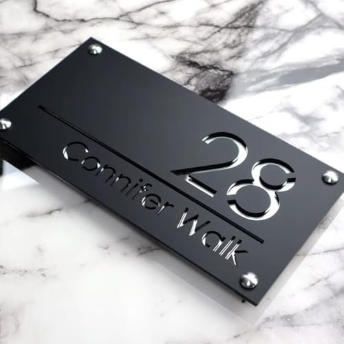 Plaque d'adresse personnalisée pour l'extérieur, numéro de maison personnalisé pour l'extérieur, plaque de numéro de maison personnalisée (noir (texte argent))