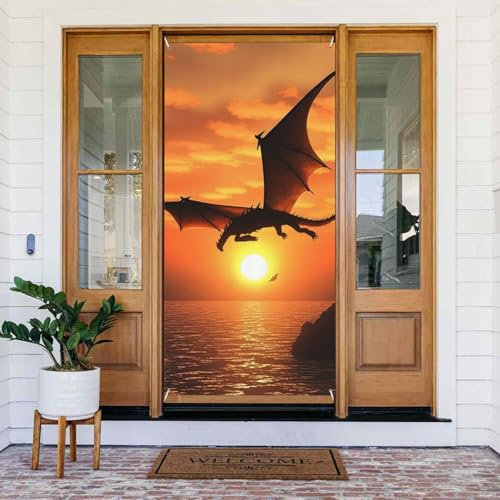 Türabdeckung mit fliegendem Drachen im Meer, Sonnenuntergang, saisonale Türdekoration, Willkommensfrühling, Haustürabdeckungen, Veranda, Banner, Schild, Foto-Hintergrund für Innen- und Außenbereich