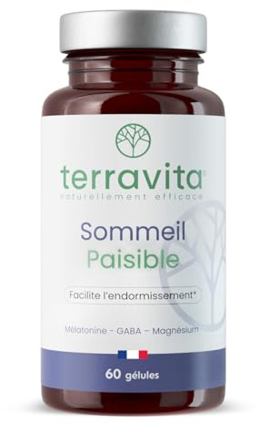 SOMMEIL PAISIBLE | Mélatonine 1,9mg + GABA + Magnésium Bisglycinate | Endormissement Rapide et Sommeil Réparateur | 60 Gélules Végétales | Made in France | Terravita