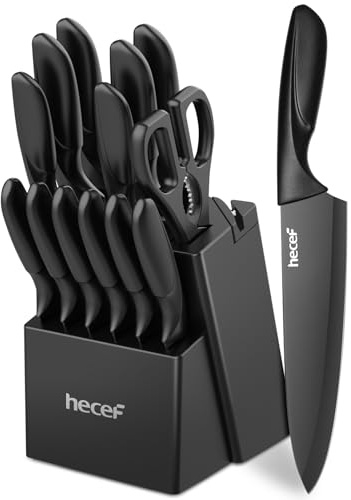 hecef Set de Cuchillos de Cocina 14 Piezas Negro, Acero Inoxidable Antiadherente, Mango Ergonómico, Lavable en Lavavajillas, Bloque Madera con Afilador Integrado, Ideal para Principiantes y Uso Diario