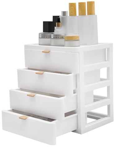 Organizador de escritorio con 4 cajones, apilable, con cajones acrílicos, organizador de oficina para suministros de oficina, cosméticos y artículos de papelería, color blanco transparente, 26 x 20 x