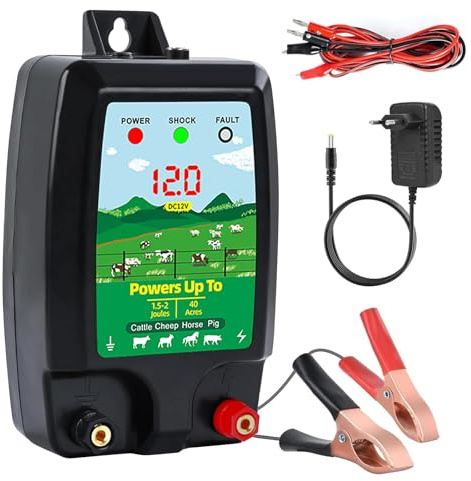 Hengrongshen Dispositivo per recinzioni da 12 V con indicatore LED, 2 J, uscita per animali di medie dimensioni, bovini, cavalli, pecore, per 10 km di distanza, impermeabile per recinzioni elettriche