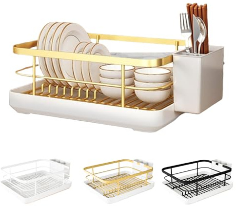 Dish Drying Rack with Utensil Holder, Stainless Steel Dish Drying Rack with Cutlery Drainer for Kitchen Organization, Multifunctional Drainer with Drip Tray for Plates, Spoons, Forks, Chopstic (Gold)