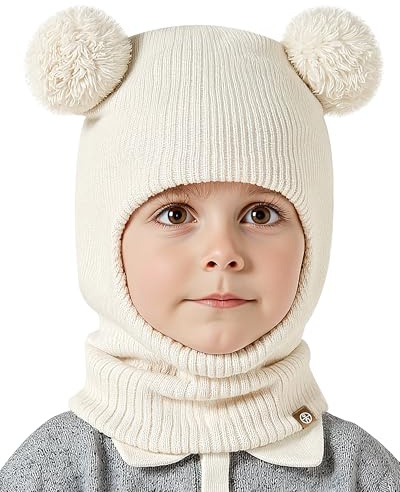 KAKU NANU Stickad mössa för pojkar med balaclava, pom och öronmuffar för pojkar och flickor i åldrarna 2 till 8 år, Beige, 3-9 años