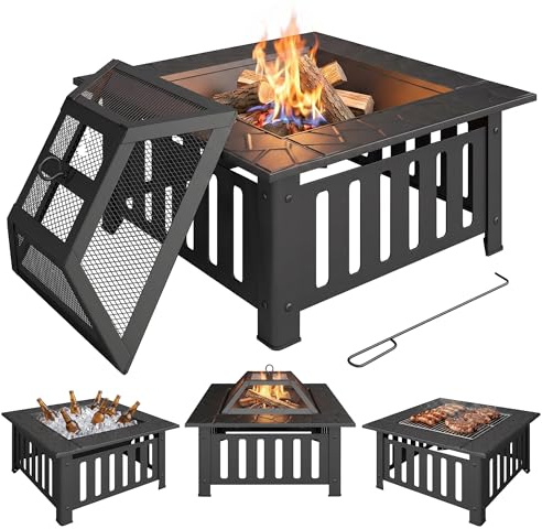 Outsunny Brasero 67 x 67 x 47 cm en acier avec protection anti-étincelles, tisonnier pour jardin, balcon, terrasse, barbecue extérieur, camping, noir