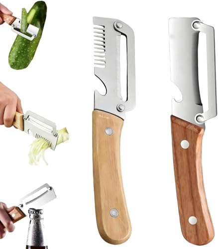 2 Set Pelador Verduras Multifunción,Nuevo 2 en 1 para Cocina con Hoja de Acero Inoxidable Ultraafilada, Abridor de Botellas, Descamador de Pescado y Cortador de Cebollas (A)