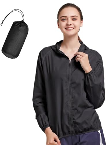 Bavooty Veste de pluie imperméable et pliable pour femme avec capuche - Légère et respirante - Coupe-vent - Veste de vélo pour femme - Veste de sport en plein air, Noir , L