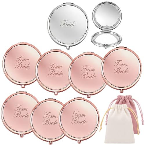 Otuuz JGA Accessoires 8 Stück Klappspiegel für Braut und Brautjungfern | Hochzeit Geschenk für Team Braut, 1 Bride + 7 Team Bride Taschenspiegel mit Samtbeutel, Silber- und Roségoldfarbe