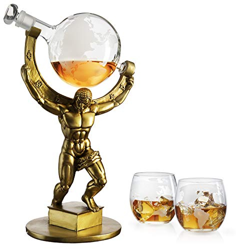 The Wine Savant Atlas Bronze World Globe Whiskey Decanter Set - 15 Tall - With 2 World Glasses - For Whiskey, Scotch, Bourbon, Cognac and Brandy - 1000ml - By - Atlas Decanter Whiskey