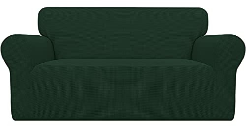 Easy-Going Sofa Cover Stretch 1 Piece Soft Furniture Protector Elastic Bottom Jacquard Fabric Polyester Spandex Small Checks (Safett, Dark Green)