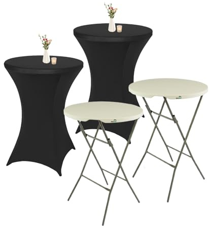 MaxxGarden Bartisch - 2 Stück + Tischhülle – Stehtisch klappbar – Bistrotisch Ø80 x 115 cm – Partytisch für Indoor & Outdoor - Hochtisch inkl. 2X schwarzer Tischdecke – Weißer Empfangstisch