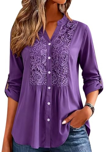 Minetom Chemisier Décontracté en Dentelle Tunique Femme Grande Taille Chic Blouse Élégant Fluide Manches Longues Tops Lâche T-Shirt