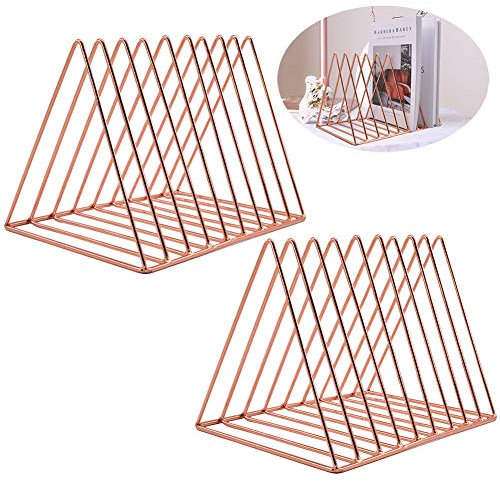 EASEPRES Zeitschriftenständer mit 9 Schlitzen, für Schreibtisch, Eisen, multifunktional, dreieckig, für Dekoration, Zuhause, Büro, Roségold, 2 Stück