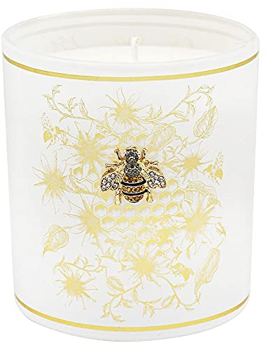Honeycomb White and Gold Floral Honey Scented Candle in Jar with Jewelled Bee Decoration