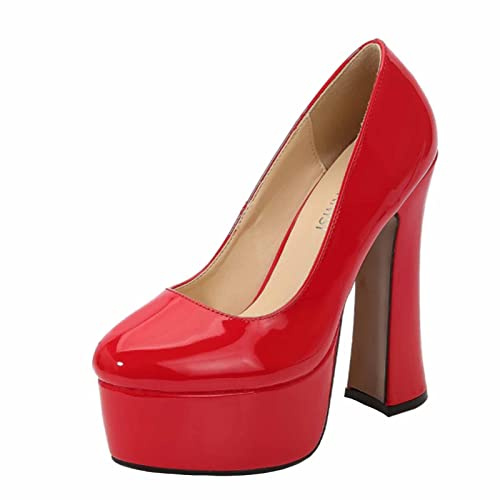 Tacchi Alti da Donna, 14 CM Tacco Spesso Donna Slip on Décolleté A Spillo Scarpe con Punta Chiusa Scarpe con Plateau E Tacco Alto Taglie Forti Unisex,Rosso,45 EU