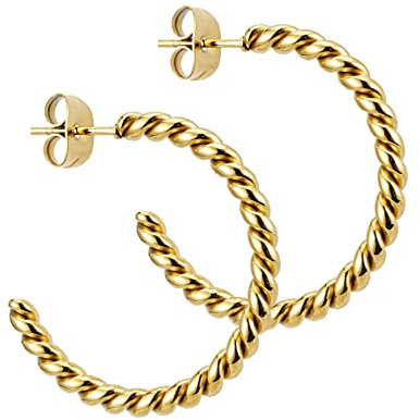 BONNYBIRD® Creolen Gold Damen Edelstahl Gedreht Ohrringe Medizinische Ohrstecker Chirgurenstahl Kreolen Wasserfest Schmuck Hypoallergen Nickelfrei Frauen Hoops Geschwungen Vergoldet