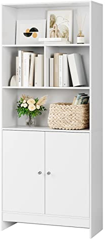 FOREHILL Bücherregal weiß, Bücherschrank mit 2 Türen, Vitrinenschrank, Wohnzimmerschrank, Küchenschrank aus Holz, Hochschrank für Arbeitszimmer, Küche, Wohnzimmer, Büro 167x70x29,5cm