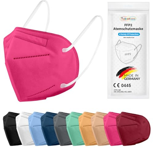 TubeRoo FFP2 Maske Bunt farbig 1/5/10/20/50/100 Stück Masken aus Deutschland, Made in Germany, weiche runde Ohrschlaufen Bänder, Atemschutzmaske, Mundschutz, Schutzmaske, Staubmaske, Feinstaubmaske