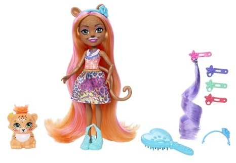 Enchantimals Glam Party Deluxe Hair - Puppe mit Zemirah Zebra, Gillian Giraffe oder Charisse Cheetah mit superlangem Haar und 5 Haarspiel-Accessoires, für Kinder ab 4 Jahren, HNV30