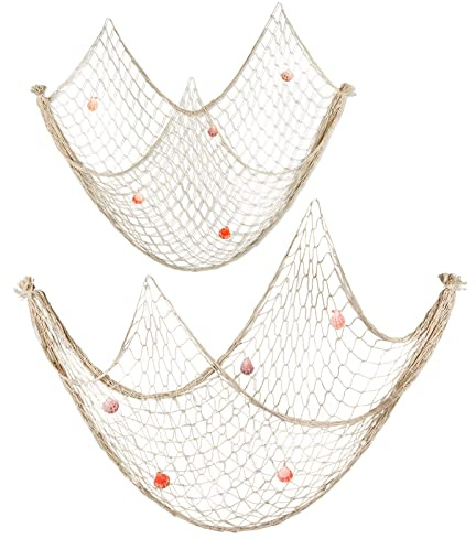 Fonyet Fischernetz Deko mit Muscheln 2 Stücke Strand Thema Fischernetz Dekoration Wanddekoration für Party Home Wohnzimmer Schlafzimmer (200 x 150 cm & 200 x 100 cm)