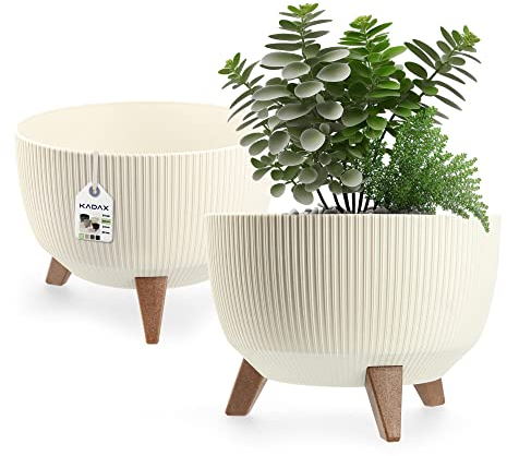 KADAX Vaso Rialzato 29 cm in Plastica per Piante da Interno ed Esterno, Coprivaso Decorativo con Piedistallo Simil-Legno e Design Moderno (Crema)