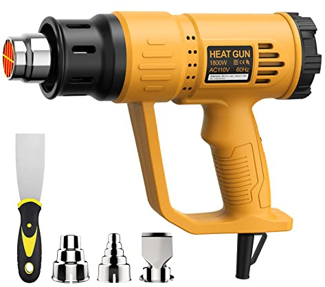 Heat Gun, TGK® 1800W Heavy Duty Hot Air Gun Kit 662℉ & 1112℉ Dual Temperature Settings with 4 Nozzle Attachments Overload Protection for Crafts, Shrink Wrapping/Tubing, Paint Removing, Epoxy Resin
