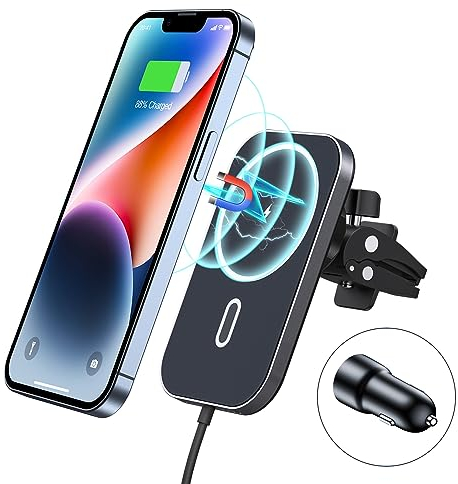 15W Magnetisch Kabellos Handyhalterung Auto Ladegerät mit Adapter,Kompatibel mit MagSafe Air Vent Autohalterung Schnellladegerät,Wireless Charger 360°Drehbar gelten für iPhone 15/14/13/12 Pro Max Plus