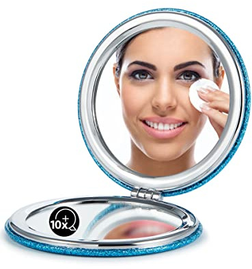 OMIRO Compact Mirror with 1x/10x Magnification, Round with PU Leather, Ultra-Portable for Purses and Travel (Glitter Blue)