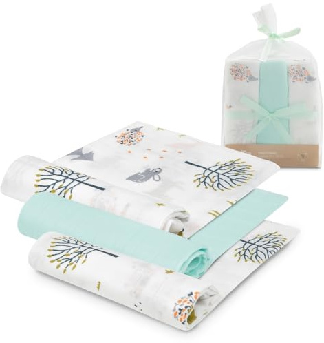 INTERBABY · Packung mit 3 Muslin Tücher aus Bambus&Baumwolle FOX grün· 55x70 cm · Saugfähig und atmungsaktiv und ideal zum Reinigen, Abwischen und Abdecken von Neugeborenen