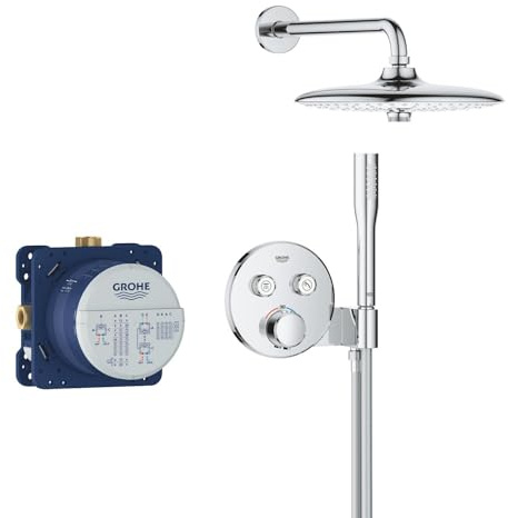 GROHE Precision 260, Unterputz Duschsystem (26cm Regendusche mit Thermostat, Kopfbrause 3 Strahlarten, Duschkopf mit 1 Strahlart, Komplettset, 1,50m Duschschlauch), rund, chom, 34878000