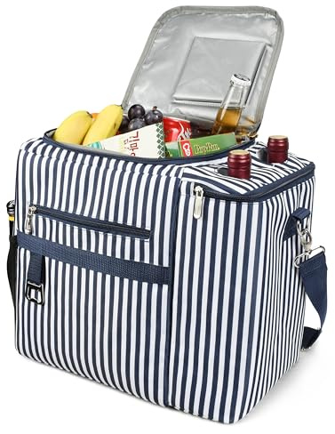 Kato Tirrinia 20L Food Cooler Bag, Thermal Insulated Picnic Bag, Large Leakproof Cooling Bag, Multi-functional Wine Bag for Shopping Camping Work Travel Outdoor Activities, Blue Stripes