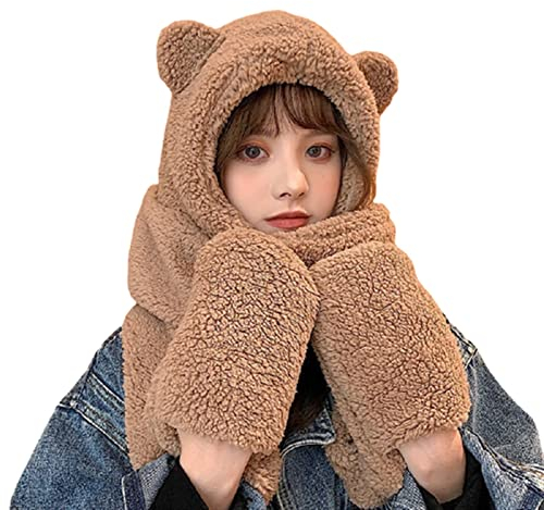 GLigeT Schals Super weiche Fleece-Frauen-Kapuzenschal & Hut mit Handschuh-Taschen Warm Herbst (Color : Bruin)