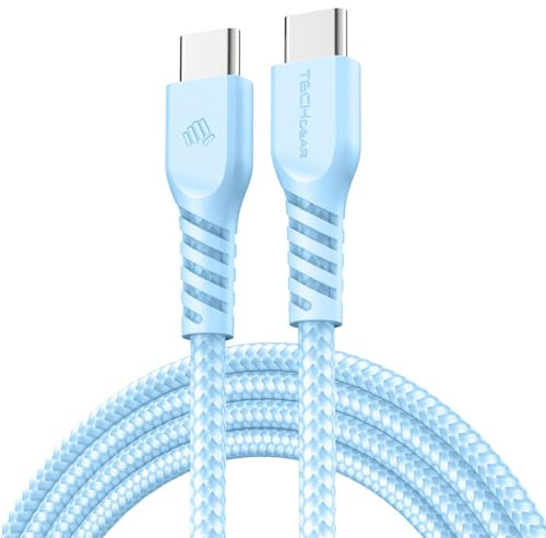 TECHGEAR 1m Câble USB C vers USB C 60 W, Câble tressé de Type C vers C Charge Rapide Compatible avec iPhone 15, iPad Pro, MacBook, Samsung Galaxy S24/S23/A14/A15/A25/A35/A34/A55/A54/A05s/A04s - Ciel