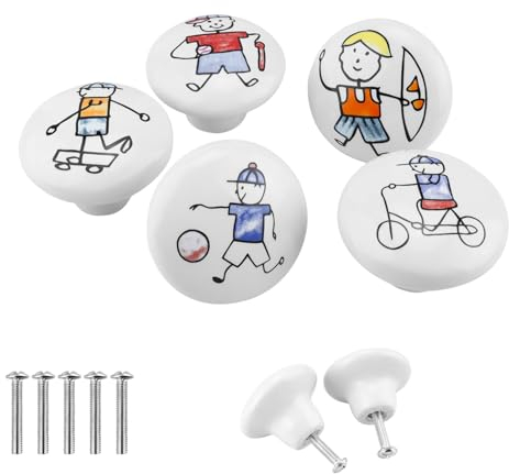 SHENGYIG Lot de 5 boutons d'armoire blancs avec motifs d'action Bouton d'armoire Toucher lisse Bouton de porte Armoire Montage à vis Convient pour les armoires, les coiffeuses, les armoires à