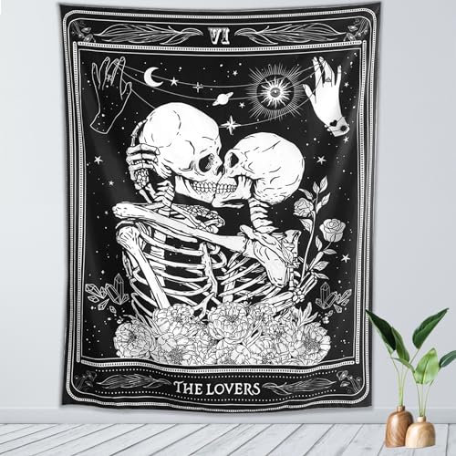 KJHL The Lovers Skull Wall Tapestry Black and White Skeleton Tapestry Gothic Room Decor Witchy Tapestries Aesthetic Wall Hanging for Bedroom Living Room 60 x 44