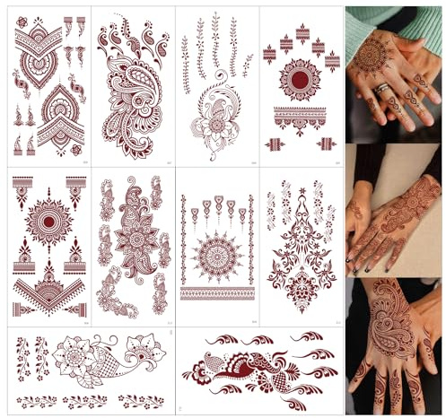 10 Sheets Brown Henna Tattoo Kit, Lace Fake Tattoos Semi Permanent Tattoo Stickers Waterproof Henna Tattoo Stickers for Women Wedding Party Festival Tattoos Decorations(Henna Tattoo) 538