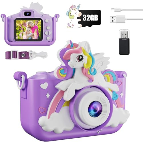 Kinderkamera, 1080P HD Digital Kinder Kamera, 48 MP Digitalkamera mit 2,0-Zoll Bildschirm, 32GB-Karte, Anti-Drop Selfie Fotokamera mit Silikonhülle, Lanyard, Geschenke für 3-12 Jahre Jungen Mädchen