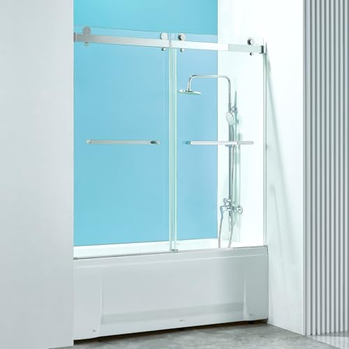 YTTSOYTS 56-60 W x 60 H Frameless Double Sliding Tub Door Bathtub Enclosure Shower Door, Frameless Tub Door with 5/16 (8mm) Clear SGCC Tempered Glass, Stainless Steel Hardware (60x60 Chrome)