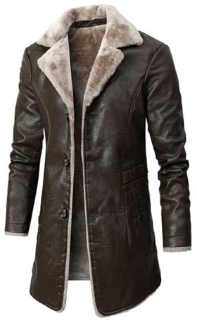 Generisch Abrigo de cuero vintage para hombre, chaqueta larga de cuero sintético para hombre, abrigo de invierno de PU con cuello de piel sintética, gabardina gruesa, chaqueta de invierno para hombre