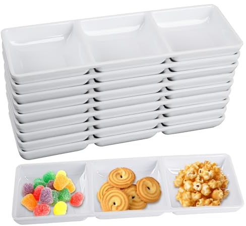 BUWUSMU 20 Pcs 3 Compartment Appetizer Serving Tray, Plastic 3 Section Dessert Platters Rectangular Divided Plate Compartment Serving Dishes Dipping Sauces Dinner Buffet Restaurant Kitchen