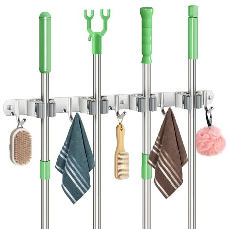 Sampoes Besenhalterung Wand, Besenhalter Edelstahl mit 4 Halter und 5 Haken, Gartengerätehalter Wandhalterung Besen Aufhängung, Besen Mop Halter für Badezimmer, Küche, Garage, Garten, Silber