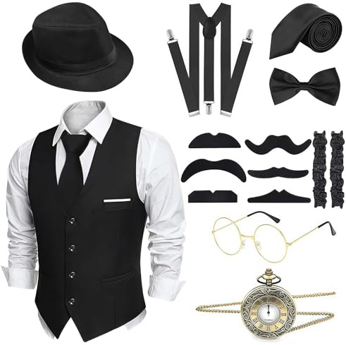 yecwkaz Accessori Anni 20 per Costume Uomo Accessori da Uomo Anni '20 Set con Cravatta Orologio da Tasca per Natale Compleanno Carnevale Festa-Black-S