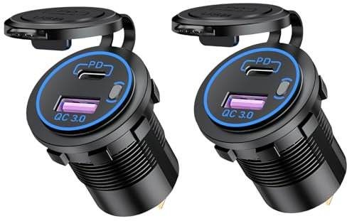Hoembpn 2 caricabatterie da auto USB / QC3.0 + PD/Type-C impermeabile, 12 V/24 V presa di ricarica, con LED e interruttore, per auto, barche, mountain bike (blu)