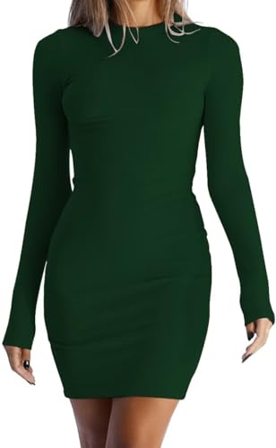LACOZY Women's Long Elegant Dress Solid Long Sleeve Crew Neck Rib Knit Dresses Casual Party Jumpers Sweaters Green L