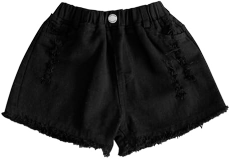 Kids Girls Ripped Jean Shorts Elastic High Waist Jean Shorts Casual Straight Leg Denim Pants Pull On Stretchable Denim Pants with Pockets Stylish Distressed Summer Jean Trousers (Black, 12-13 Years)